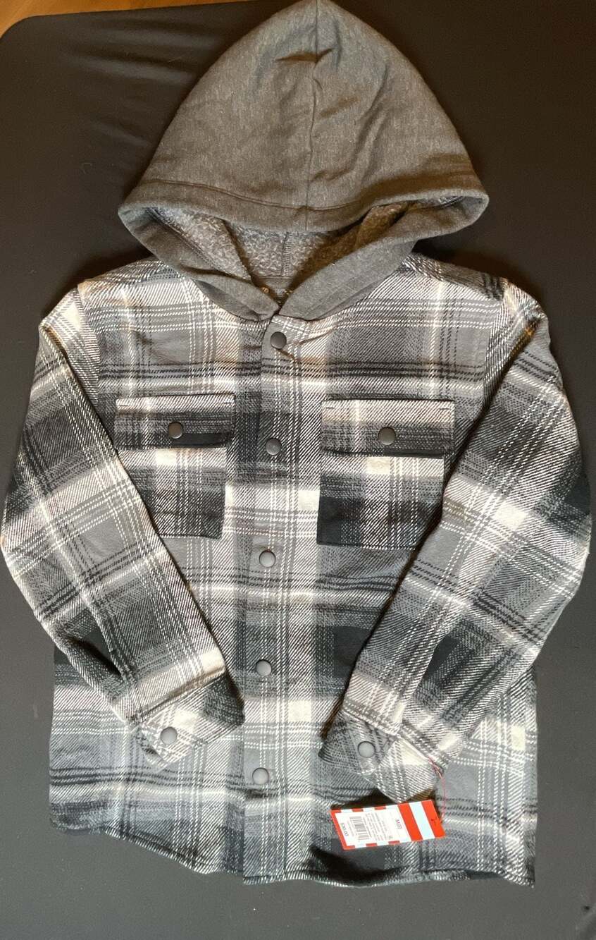 Cat & Jack Boys Charcoal White Plaid Hooded Flannel Shirt Jacket Size M(8)